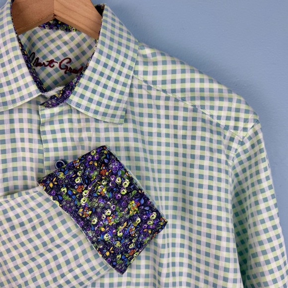 Robert Graham Mens M Green Long Sleeve Button Up Shirt Gingham Plaid Floral Trim - Picture 1 of 8